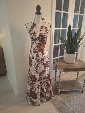 Vintage 70's Pomare Halter Floral Maxi Dress in Brown & White